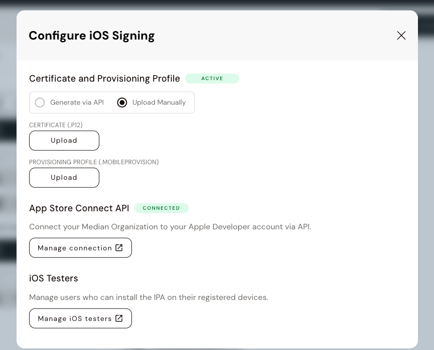 Configure iOS Signing via manual upload of certificate and provisioning profile